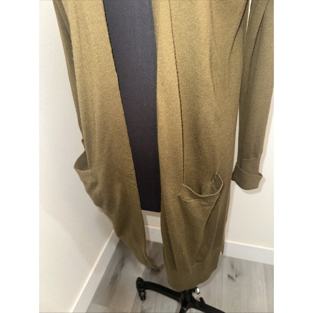 Halogen Cashmere Blend Open Front Cardigan Olive Long Sleeve Front Pockets Sz S - Picture 3 of 8